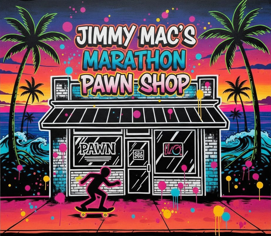 Neon mural of Jimmy Mac's Marathon Pawn Shop at sunset.