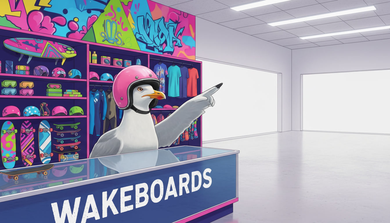 The shop mascot in a pink helmet behind the counter.