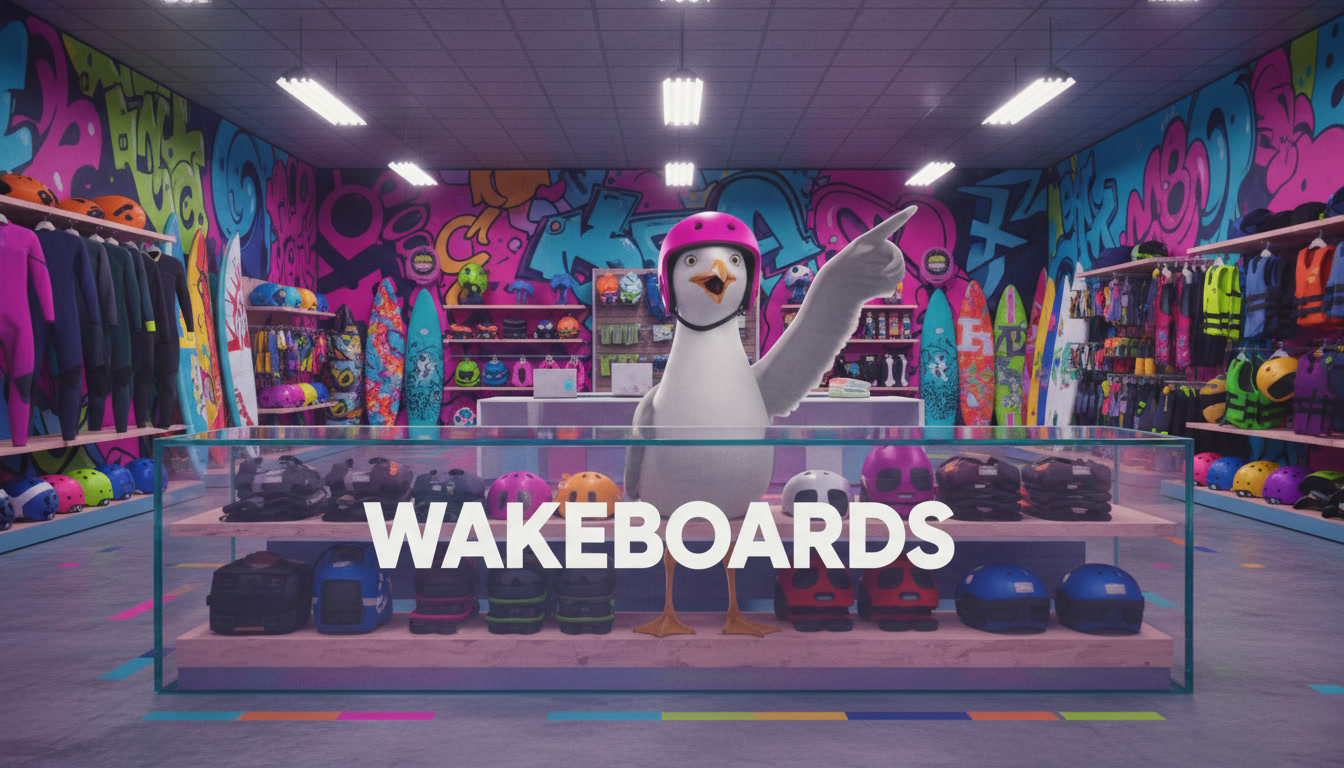 The shop floor: graffiti walls, boards and wetsuits.
